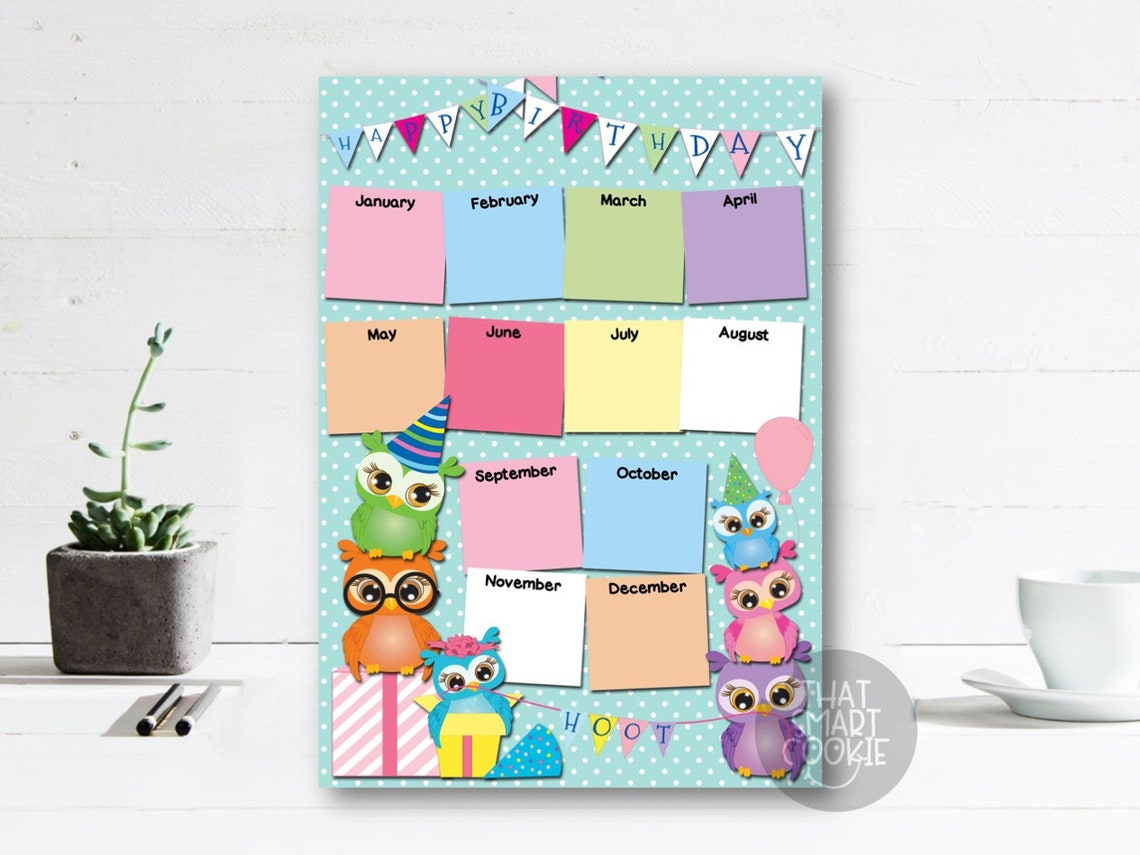 Calendarios de cumpleaños editables e imprimibles con búhos