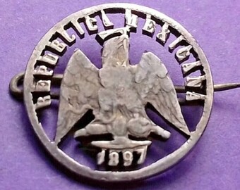 Antique 1897 Mexico 10 Centavos Coin Brooch - Fretwork Keepsake