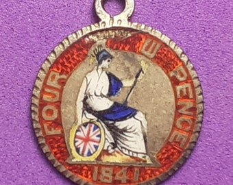 1841 Silver Fourpence Coin Necklace Pendant | Enamelled Britannia Fob Jewellery Gift | One of a Kind | Rare Victorian Charm