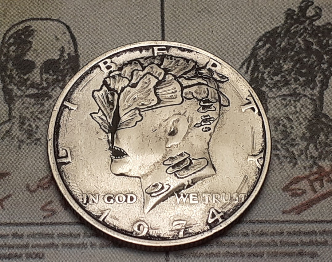 Hand Engraved Hobo Nickel | Infected Zombie - Kennedy Half Dollar ...