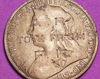 1896 Victoria Bronze Penny Coin | To AR From FF" Dedication Rare | One-of-a-kind Coin | Engraved