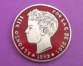Silver 1899 Spain Coin | 1 Peseta | Hand Engraved, Enamelled Collectors Coin