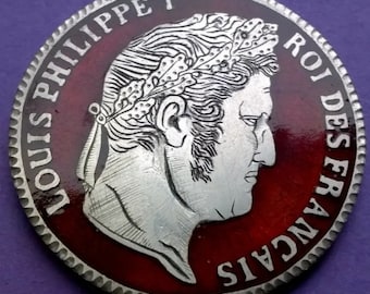 Rare France Silver 5 Franc Coin | Ruby Red Engraved Detail | Coin Collector's Gift | Rare, Vintage Coin | Enamelled Coin