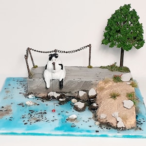 Diorama de resina hecho a mano con un gato pescador y una vista panorámica de la costa: estilo Ghibli/Whisical, 17 cm por 14 cm
