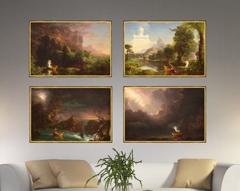 May include: Four framed landscape paintings in a living room setting. The paintings are in a gold frame and depict scenes of nature with a boat and figures in each. The text "Frame 5 gold frame, one color" is visible in the lower right corner of the image.