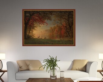 May include: A painting of a forest scene with deer in the foreground. The painting is framed in a red frame with a gold edge. The frame is labeled "Frame 2, red frame, golden edge".
