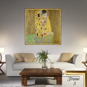 The Kiss by Gustav Klimt. Printed on a high-quality cotton canvas. The print comes in a wooden golden frame with a cracked gold effect and it’s ready to hang.