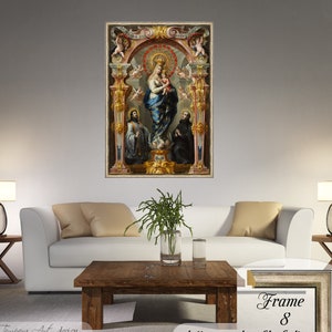 Our Lady of Good Counsel by Bartolome Perez on a high-quality cotton canvas. The print comes in a wooden platinum color frame with thin black lines and it’s ready to hang.