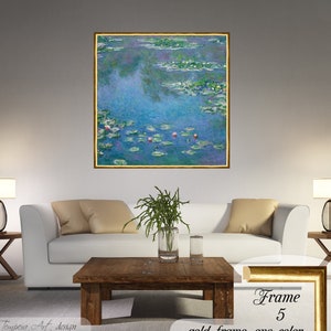 Water Lilies by Claude Monet. Printed on a high-quality cotton canvas. The print comes in a wooden golden frame with a cracked gold effect and it’s ready to hang.