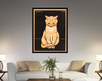 May include: A vintage illustration of an orange tabby cat sitting on a black background. The image is framed in black with the text "A.J.D.G." and "1918" in the top corners.