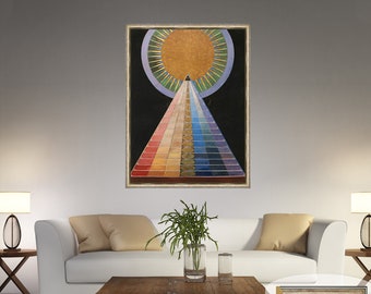 May include: A framed abstract painting of a pyramid with a sun at the top. The pyramid is made up of colored squares, with the colors transitioning from red to purple. The sun is yellow and has a blue halo. The frame is platinum colored with black lines. Frame 8.