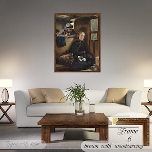 May include: A painting of a man and a woman in a train carriage. The man is wearing a hat and looking out the window. The woman is sitting down and looking at the man. The painting is framed in a brown frame with woodcarving.