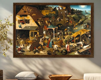 May include: A detailed oil painting depicting a bustling medieval village scene with many figures and animals. The painting is framed in a dark wood frame.