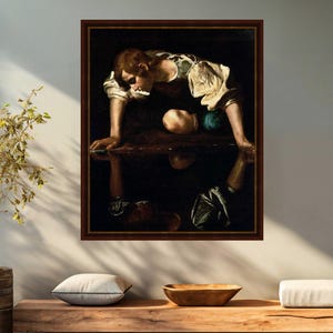 May include: A painting of a young man looking into a pool of water. The man is wearing a white shirt and blue pants. His reflection is visible in the water.