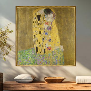 De kus van Gustav Klimt, reproductieprint op canvas, met inlijstopties