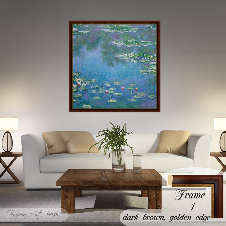 Water Lilies by Claude Monet. Printed on a high-quality cotton canvas. The print comes in a wooden brown frame with a thin golden edge and it’s ready to hang.