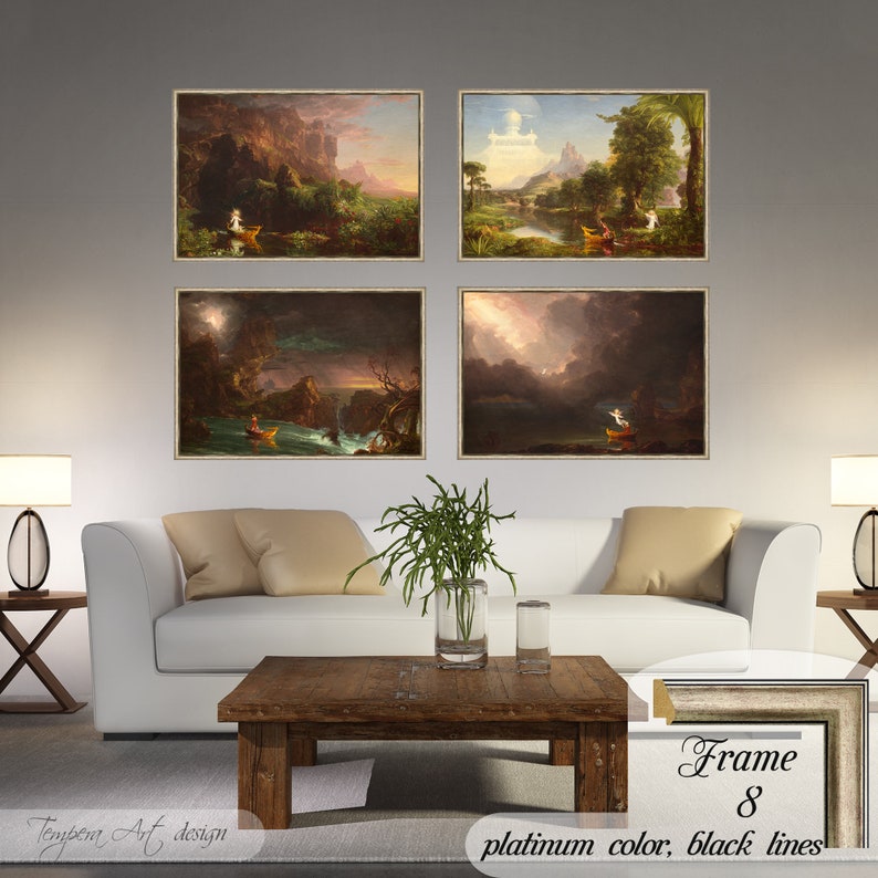 Childhood, Youth, Manhood and Old Age by Thomas Cole. Printed on a high-quality cotton canvas. The print comes in a wooden platinum color frame with thin black lines and it’s ready to hang.
