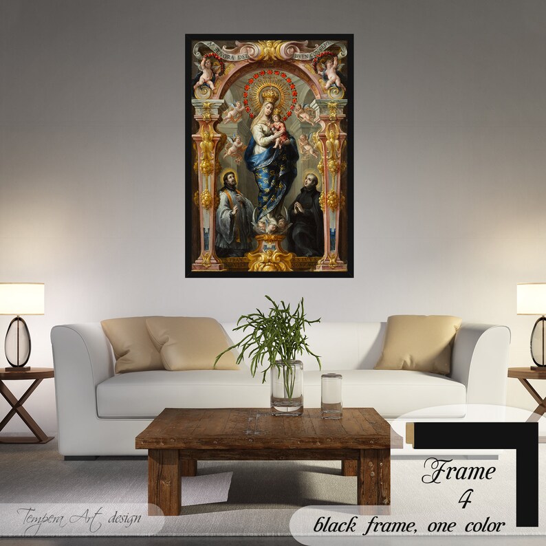 Our Lady of Good Counsel by Bartolome Perez on a high-quality cotton canvas. The print comes in a wooden black frame and it’s ready to hang.