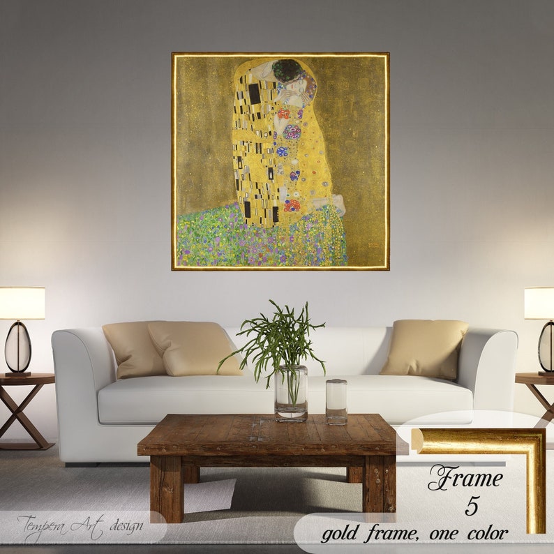 The Kiss by Gustav Klimt. Printed on a high-quality cotton canvas. The print comes in a wooden golden frame with a cracked gold effect and it’s ready to hang.