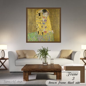 The Kiss by Gustav Klimt. Printed on a high-quality cotton canvas. The print comes in a wooden brown frame with black sides and it’s ready to hang.