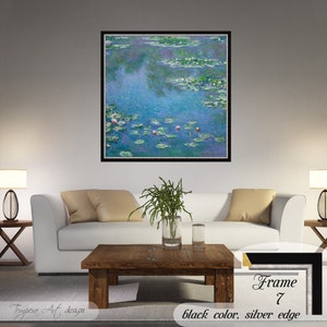 Water Lilies by Claude Monet. Printed on a high-quality cotton canvas. The print comes in a wooden black frame with a thin silver edge and it’s ready to hang.