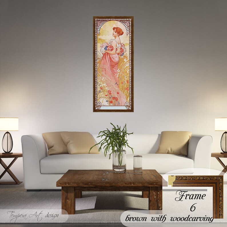 Summer by Alphonse Mucha. Printed on a high-quality cotton canvas. The print comes in a wooden brown frame with a woodcarving effect and it’s ready to hang.