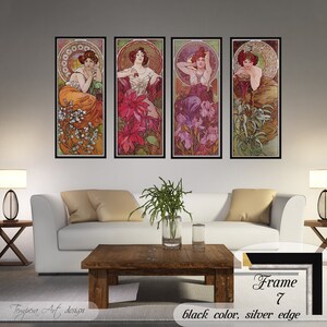 Gemstones by Alphonse Mucha. Printed on a high-quality cotton canvas. The print comes in a wooden black frame with a thin silver edge and it’s ready to hang.