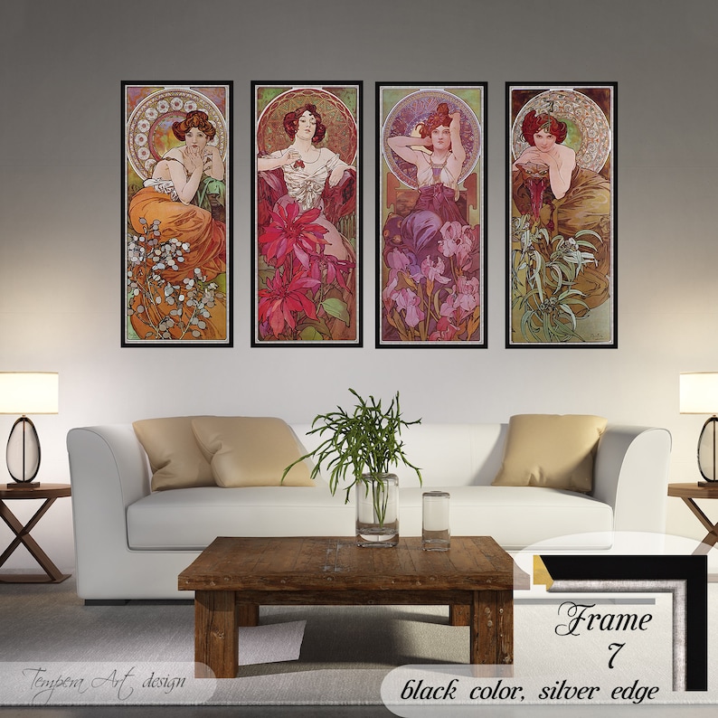 Gemstones by Alphonse Mucha. Printed on a high-quality cotton canvas. The print comes in a wooden black frame with a thin silver edge and it’s ready to hang.