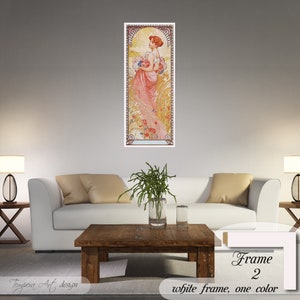 Summer by Alphonse Mucha. Printed on a high-quality cotton canvas. The print comes in a wooden white frame and it’s ready to hang.