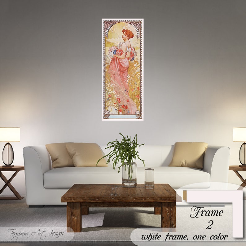 Summer by Alphonse Mucha. Printed on a high-quality cotton canvas. The print comes in a wooden white frame and it’s ready to hang.