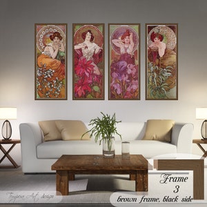 Gemstones by Alphonse Mucha. Printed on a high-quality cotton canvas. The print comes in a wooden brown frame with black sides and it’s ready to hang.