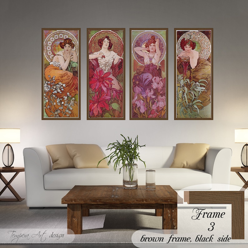 Gemstones by Alphonse Mucha. Printed on a high-quality cotton canvas. The print comes in a wooden brown frame with black sides and it’s ready to hang.