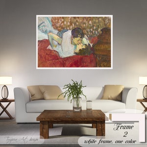 In Bed The Kiss by Henri de Toulouse Lautrec on a high-quality cotton canvas. The print comes in a wooden white frame and it’s ready to hang