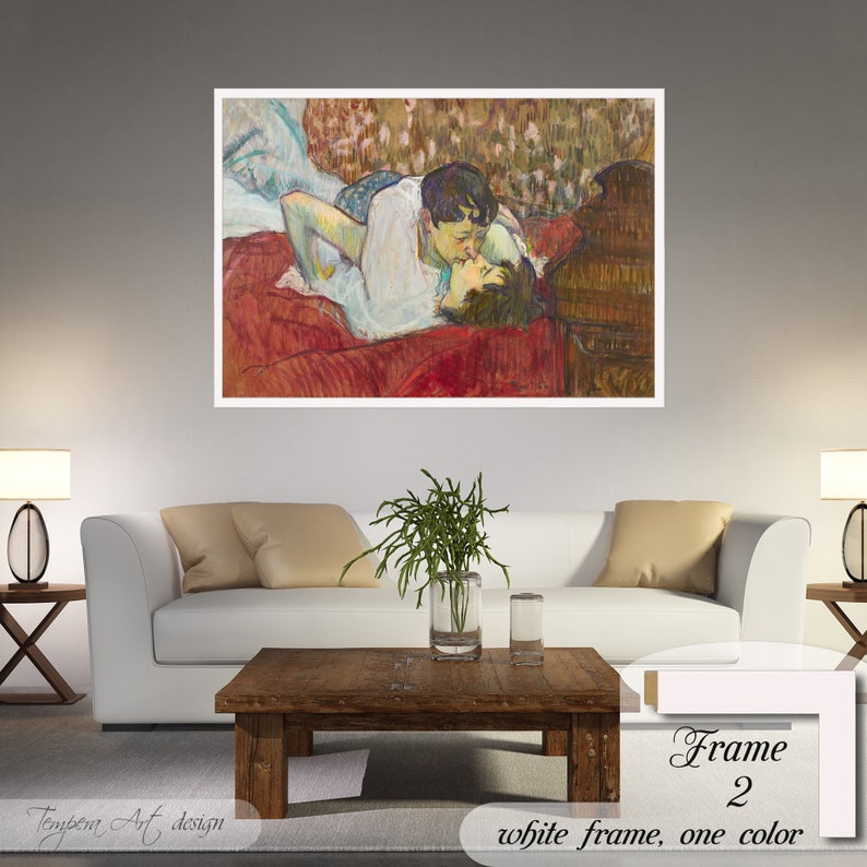 In Bed The Kiss by Henri de Toulouse Lautrec on a high-quality cotton canvas. The print comes in a wooden white frame and it’s ready to hang