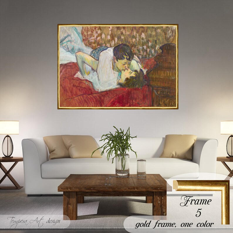 In Bed The Kiss by Henri de Toulouse Lautrec on a high-quality cotton canvas. The print comes in a wooden golden frame with a cracked gold effect and it’s ready to hang.