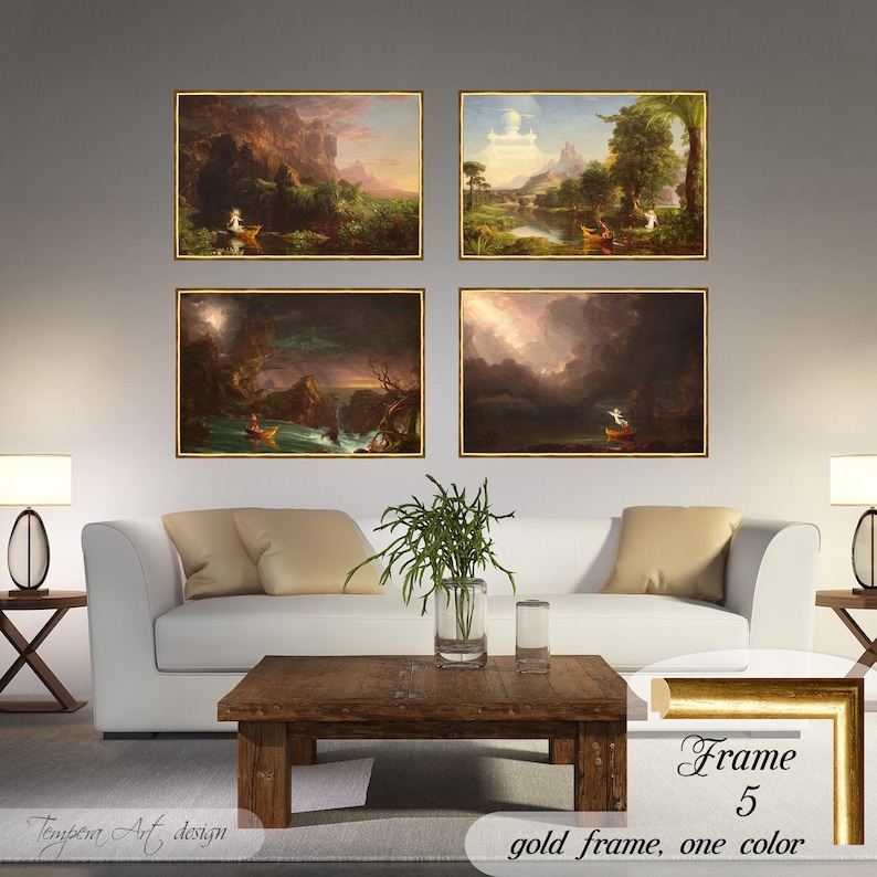 Childhood, Youth, Manhood and Old Age by Thomas Cole. Printed on a high-quality cotton canvas. The print comes in a wooden golden frame with a cracked gold effect and it’s ready to hang.