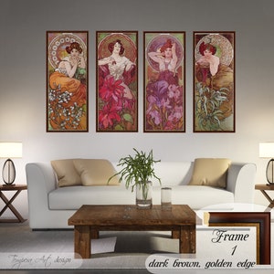 Gemstones by Alphonse Mucha. Printed on a high-quality cotton canvas. The print comes in a wooden brown frame with a thin golden edge and it’s ready to hang.