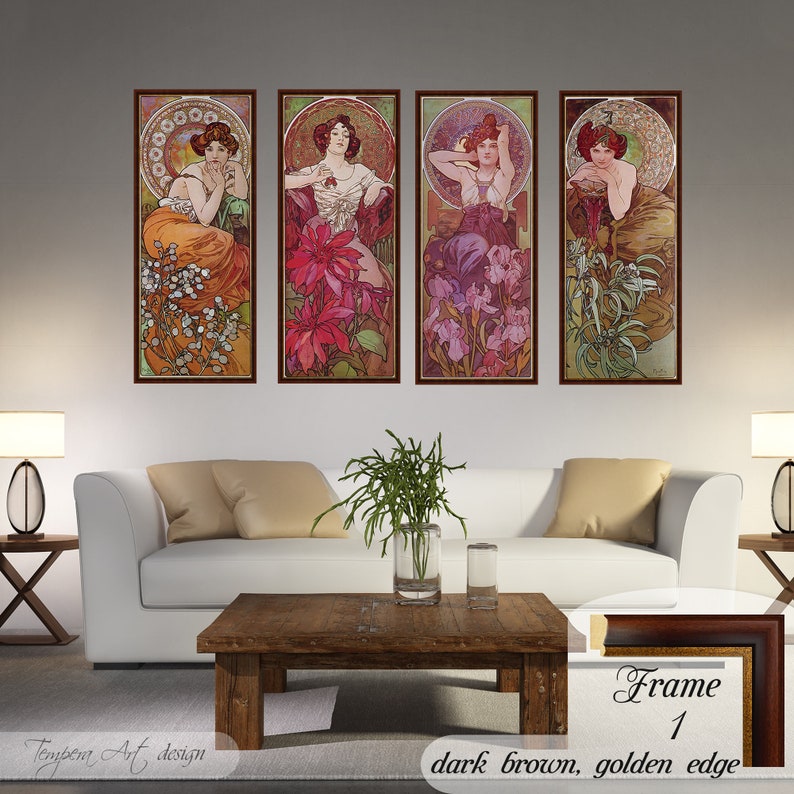 Gemstones by Alphonse Mucha. Printed on a high-quality cotton canvas. The print comes in a wooden brown frame with a thin golden edge and it’s ready to hang.