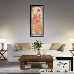 Summer by Alphonse Mucha. Printed on a high-quality cotton canvas. The print comes in a wooden black frame with a thin silver edge and it’s ready to hang.
