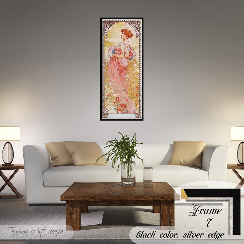 Summer by Alphonse Mucha. Printed on a high-quality cotton canvas. The print comes in a wooden black frame with a thin silver edge and it’s ready to hang.