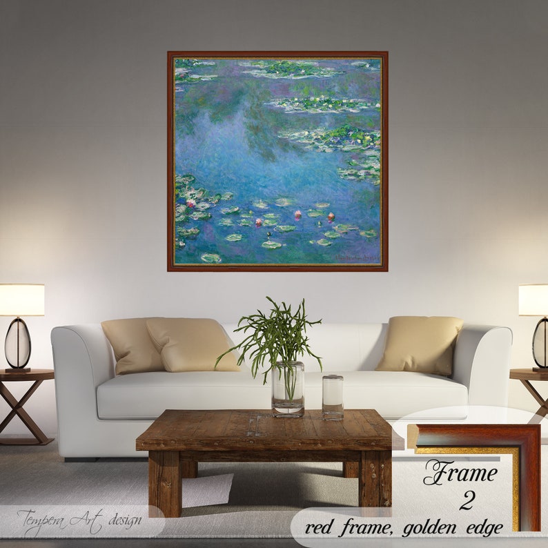 Water Lilies by Claude Monet. Printed on a high-quality cotton canvas. The print comes in a wooden red frame with a thin golden edge and it’s ready to hang.