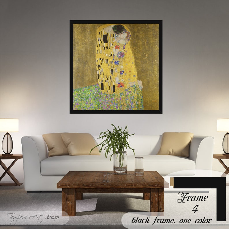 The Kiss by Gustav Klimt. Printed on a high-quality cotton canvas. The print comes in a wooden black frame and it’s ready to hang.