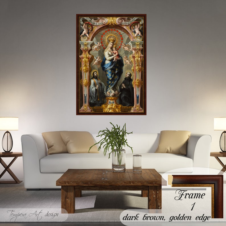 Our Lady of Good Counsel by Bartolome Perez on a high-quality cotton canvas. The print comes in a wooden brown frame with a thin golden edge and it’s ready to hang.