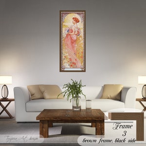 Summer by Alphonse Mucha. Printed on a high-quality cotton canvas. The print comes in a wooden brown frame with black sides and it’s ready to hang.