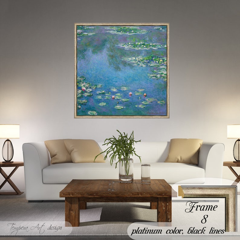 Water Lilies by Claude Monet. Printed on a high-quality cotton canvas. The print comes in a wooden platinum color frame with thin black lines and it’s ready to hang.