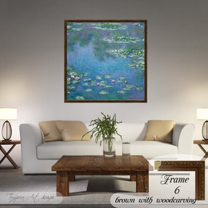 Water Lilies by Claude Monet. Printed on a high-quality cotton canvas. The print comes in a wooden brown frame with a woodcarving effect and it’s ready to hang.