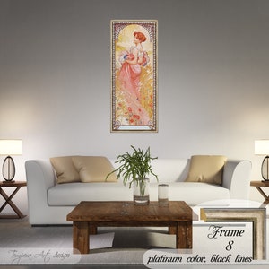 Summer by Alphonse Mucha. Printed on a high-quality cotton canvas. The print comes in a wooden platinum color frame with thin black lines and it’s ready to hang.