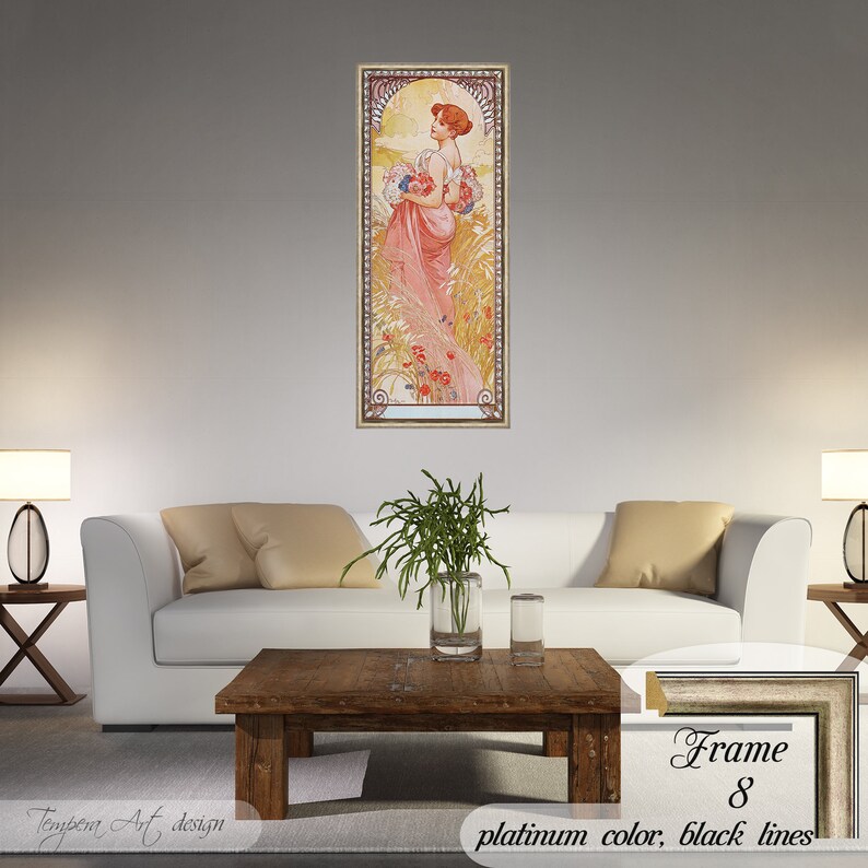 Summer by Alphonse Mucha. Printed on a high-quality cotton canvas. The print comes in a wooden platinum color frame with thin black lines and it’s ready to hang.