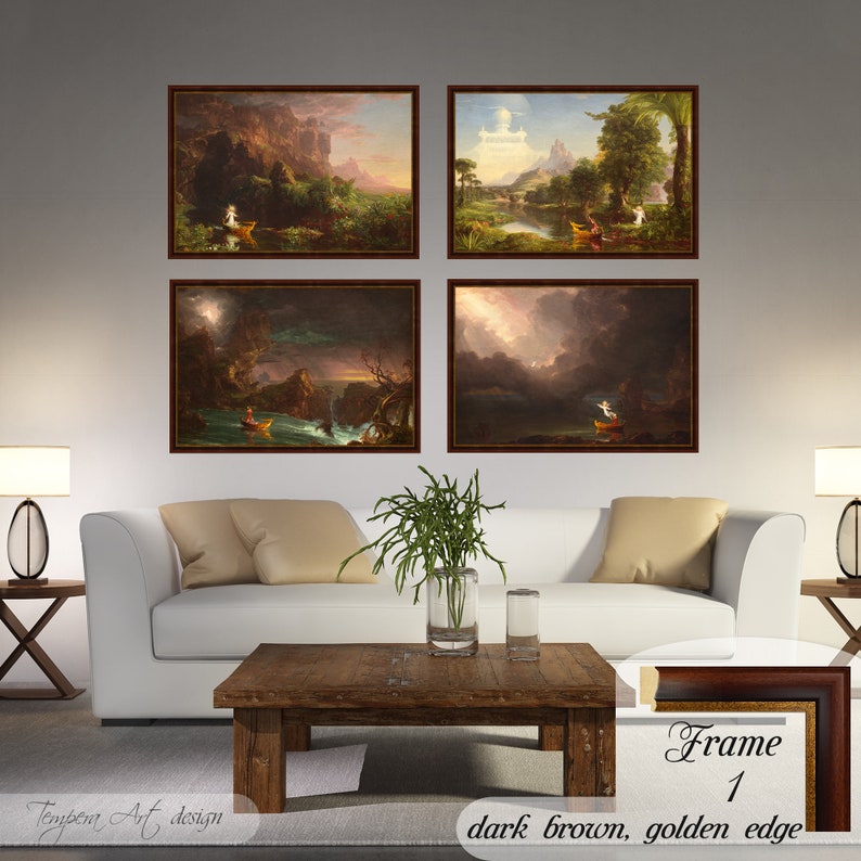 Childhood, Youth, Manhood and Old Age by Thomas Cole. Printed on a high-quality cotton canvas. The print comes in a wooden brown frame with a thin golden edge and it’s ready to hang.