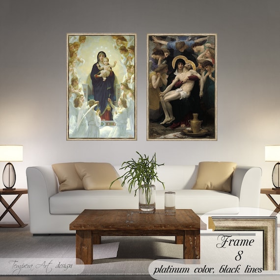 手書き油絵 ブグロー 天使と聖母絵画 額付き インテリア 油彩画